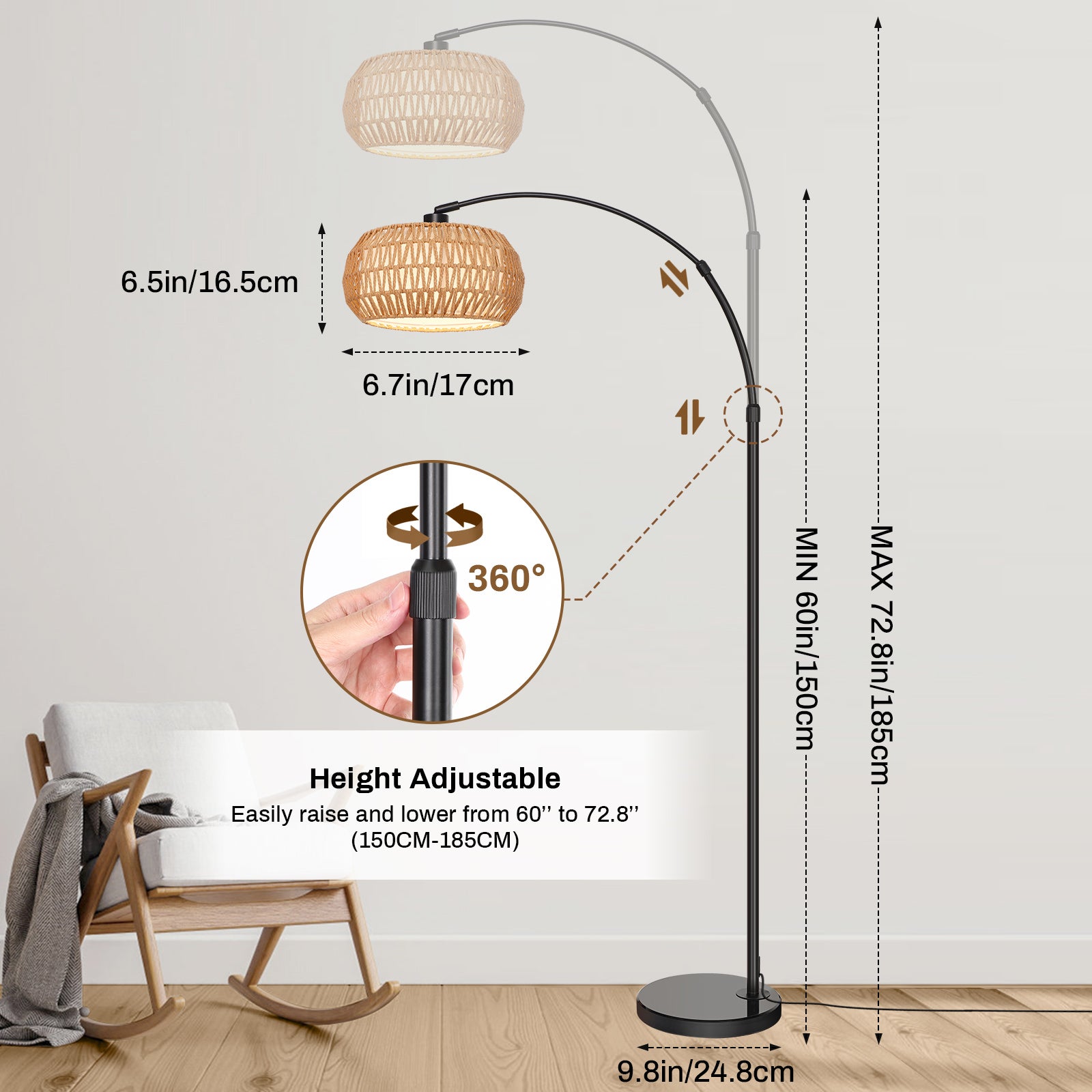 Lampadaire en rotin réglable avec télécommande – design boho, lampe de salon LED avec étagère, interrupteur au pied - 5