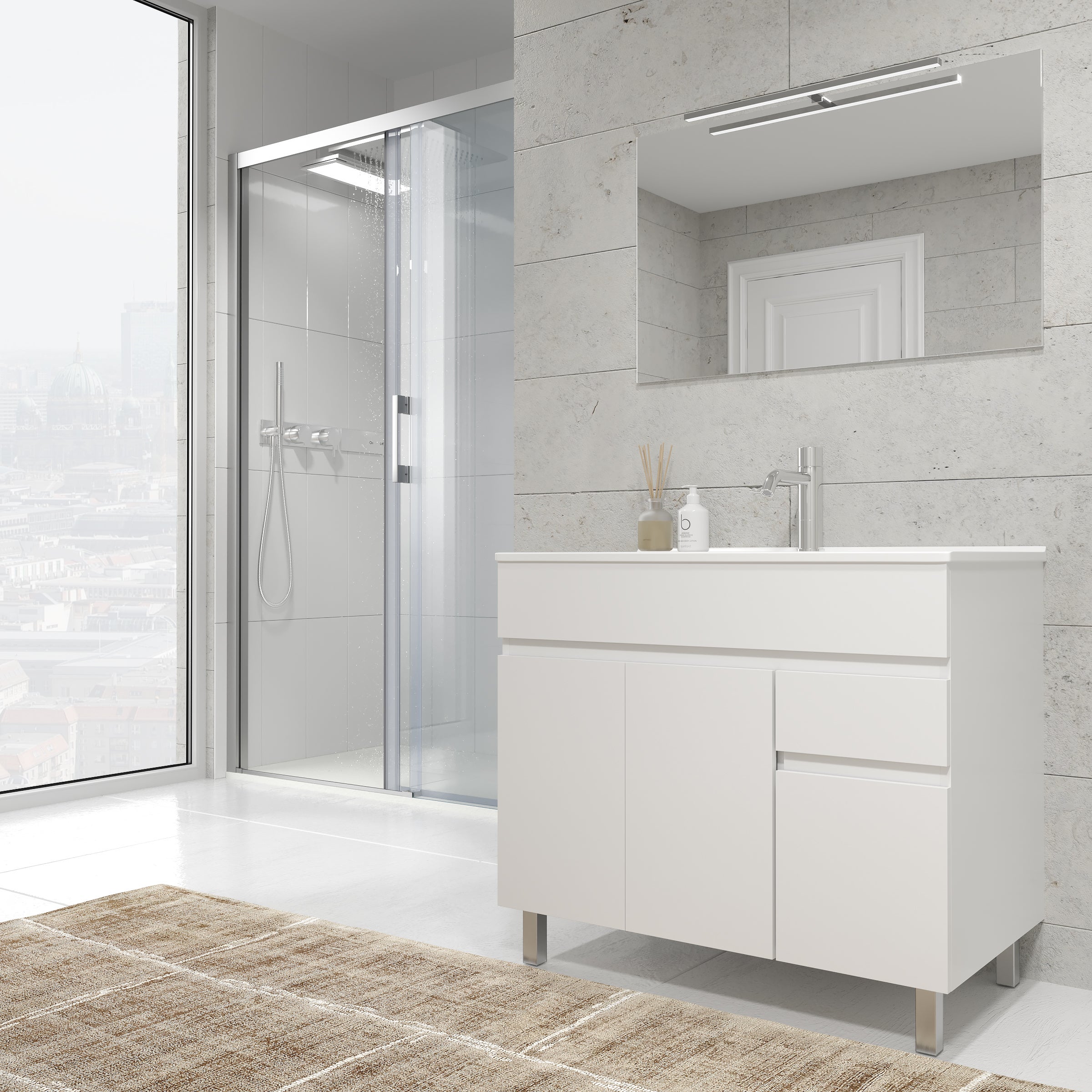 Meuble de salle de bain assemblé lavabo en céramique 2 portes/2 tiroirs ...