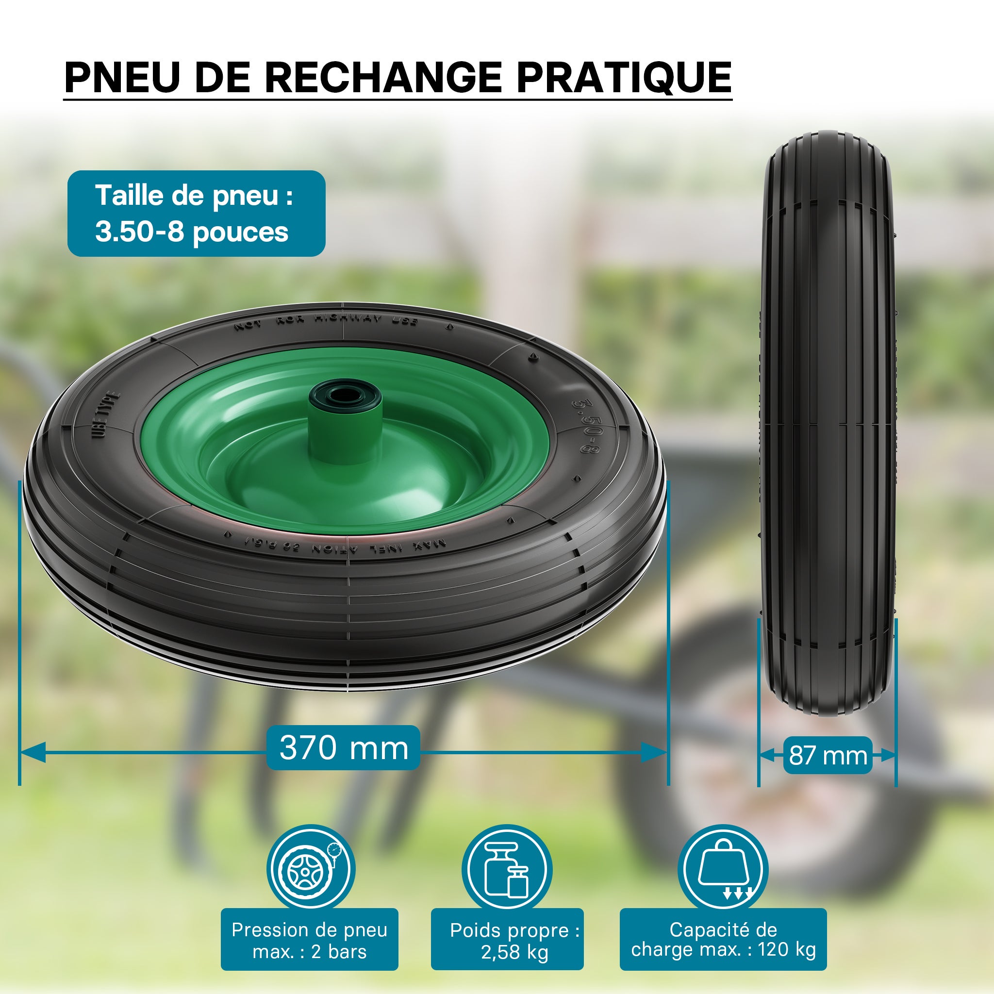 Wiltec Pneu de brouette 3.50-8 – Roue et Pneumatique – Jusqu’à 120 kg – avec Jante et Chambre à air – Bandage pour Diable, Chariot, Charrette - 4
