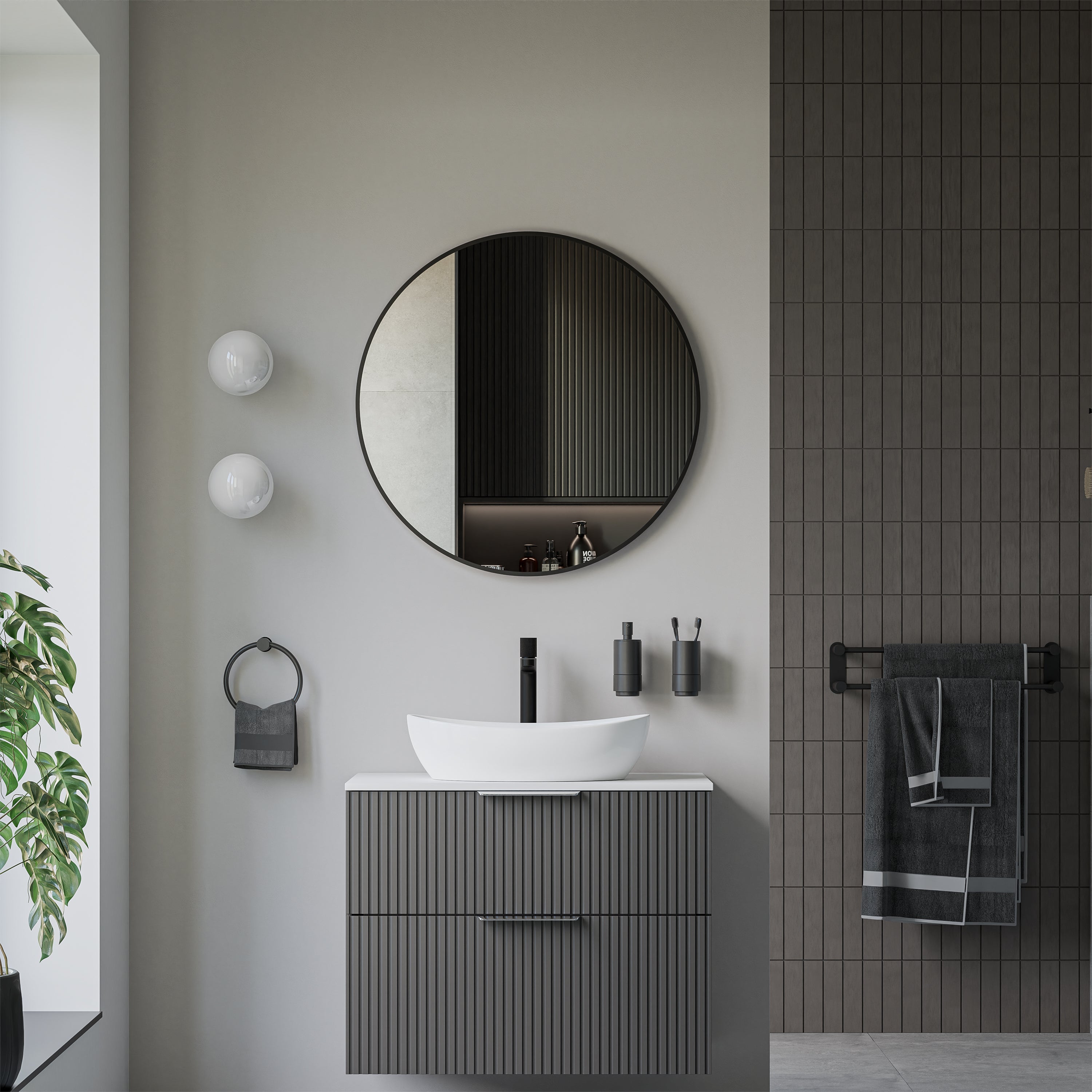 BERNSTEIN - Miroir rond design cadre noir éclairages LED détecteur mouvements et réglage de lumière, pour salle de bain - 8232-2.0 - Ø 80cm - 2