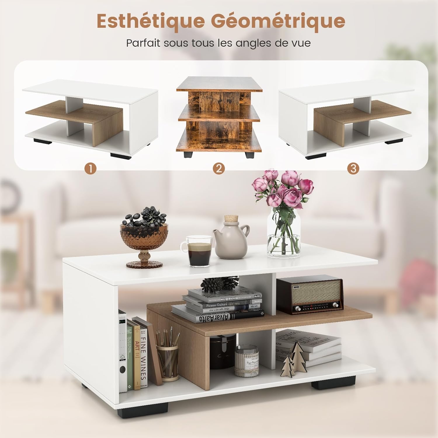 Table Basse avec Rangement, Table Basse Salon avec Etagères, Design Géométrique en L, Grand Compartiment, 90 x 50 x 42 cm (Marron Rustique) - 7
