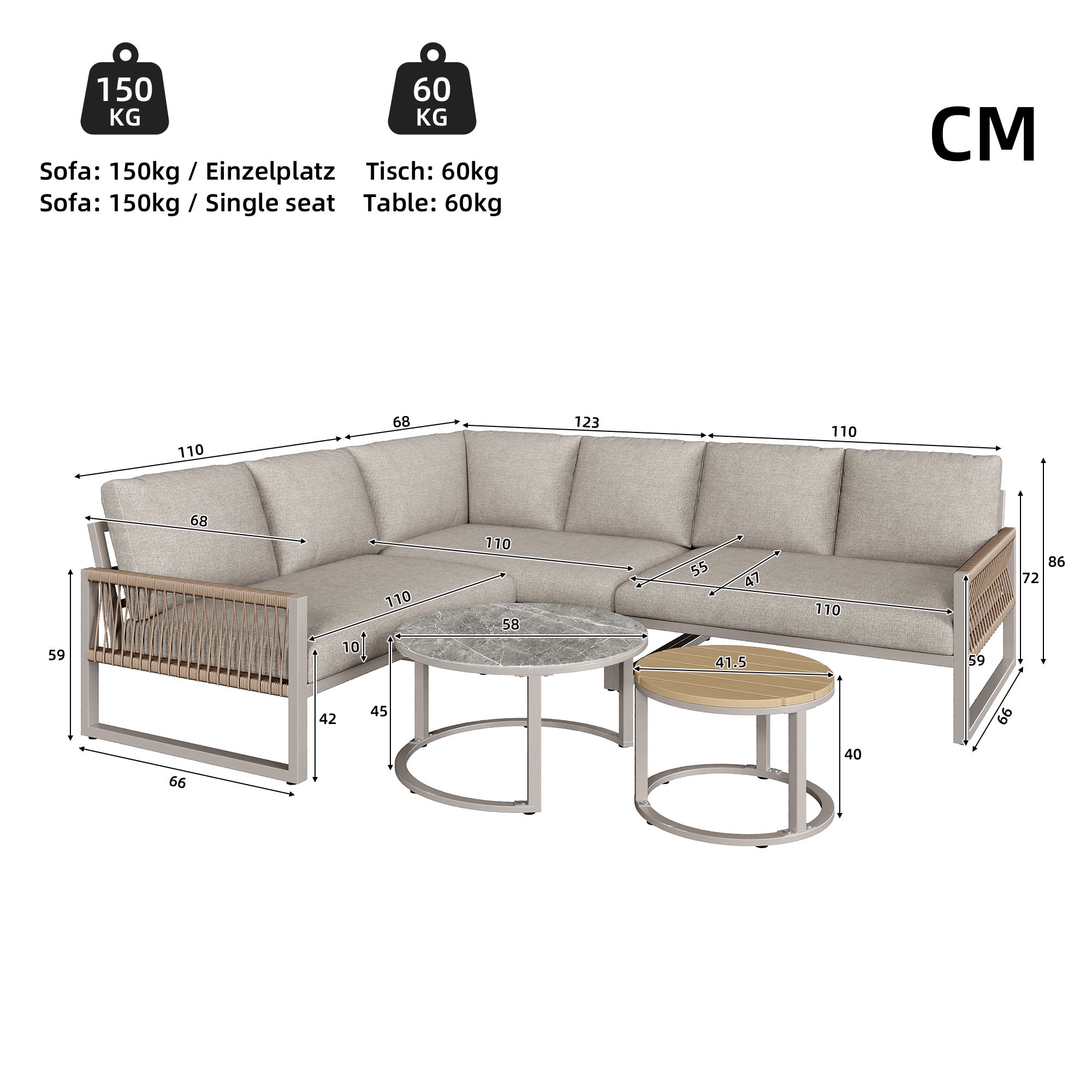 Salón de jardín, conjunto de muebles para 6-7 personas, sofá de esquina - en hierro galvanizado, patas ajustables, 2 mesas nido, beige - 9