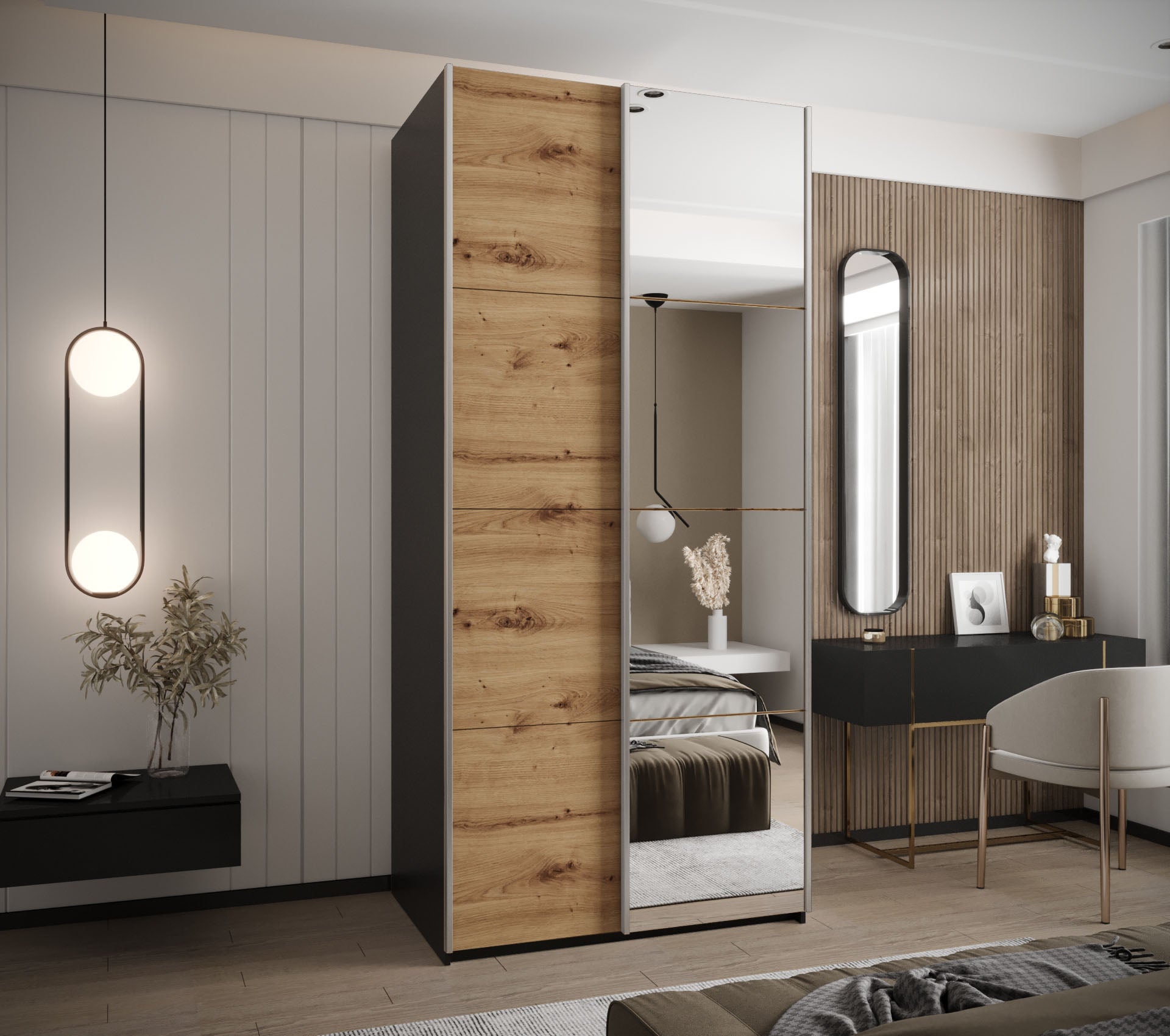 Szafa przesuwna wysoka Lux 3 120 x 64 x 245,5 cm czarny + artisan + u. srebrny - Abiks Meble - 2