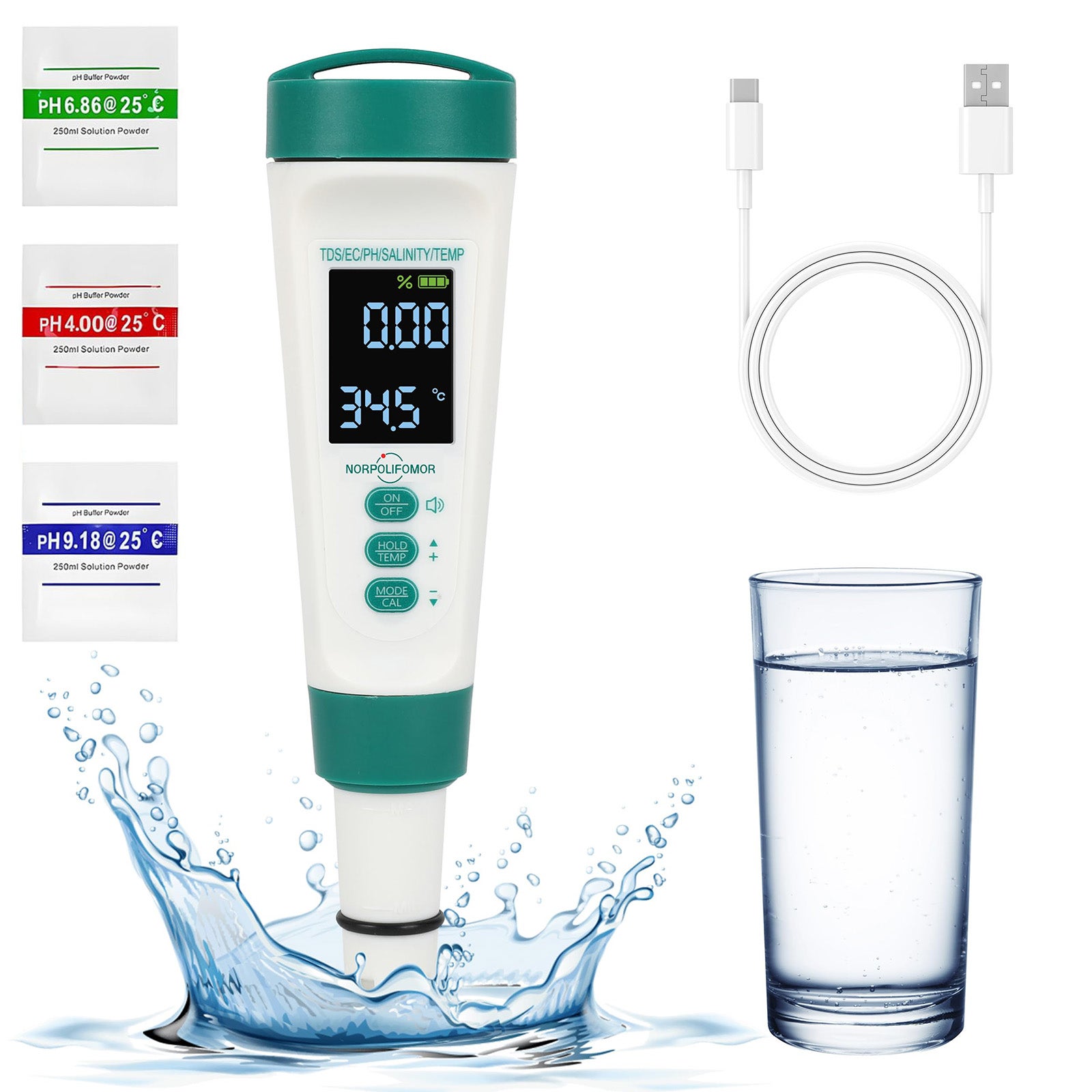 Cyfrowy tester pH, tester zasolenia wody w basenie, tester pH do słonej wody basenowej, miernik zasolenia, pH, temperatury, EC i TDS 5 w 1