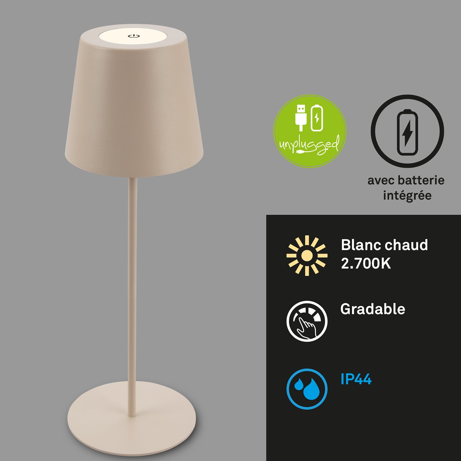 Lampe de table rechargeable - IP44 - D.120x360mm - Beige - 2.700K - 2,5W / 200lm - Briloner - 2