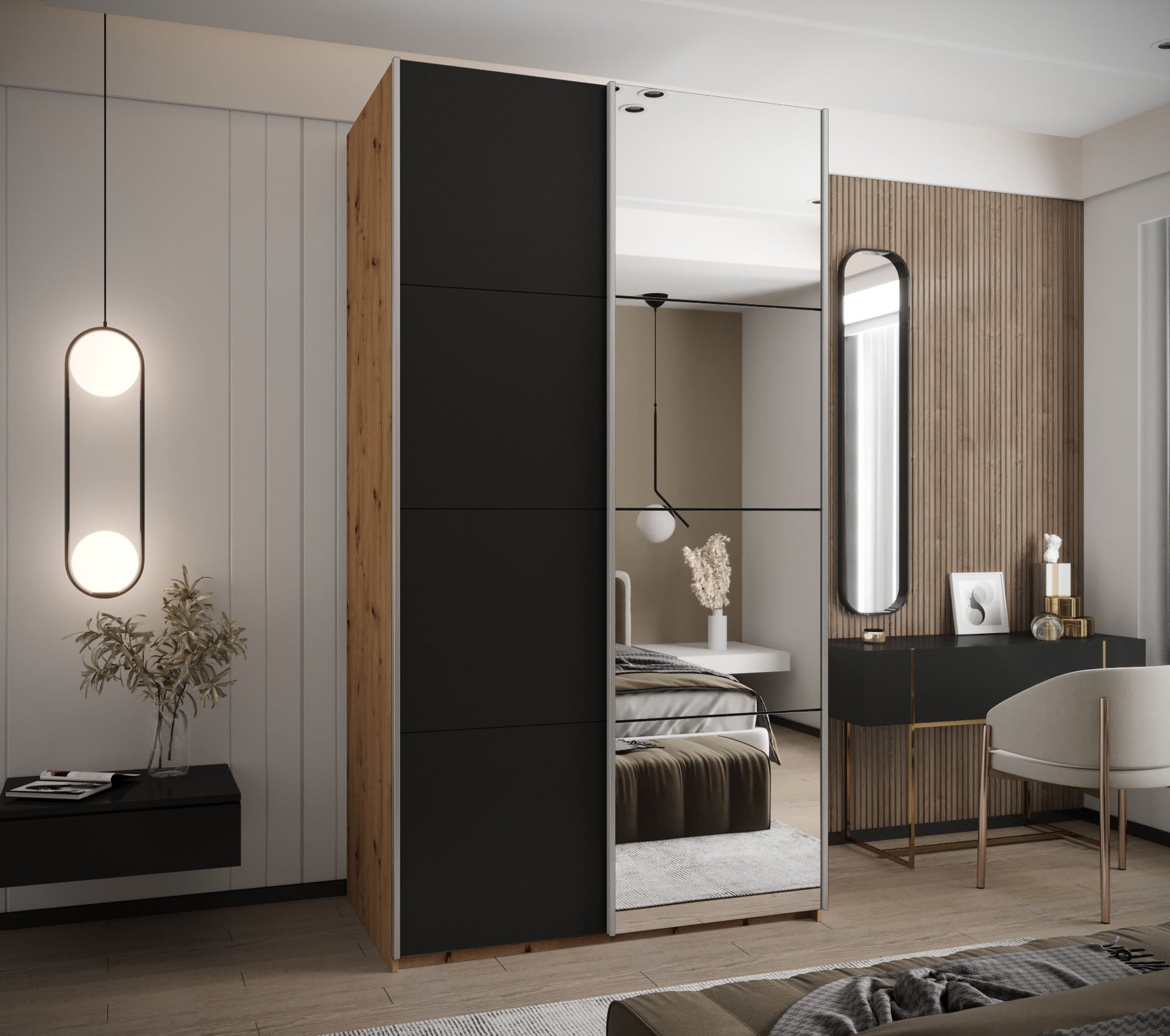 Szafa przesuwna wysoka Lux 3 140 x 64 x 245,5 cm artisan + czarny + u. srebrny - Abiks Meble - 2