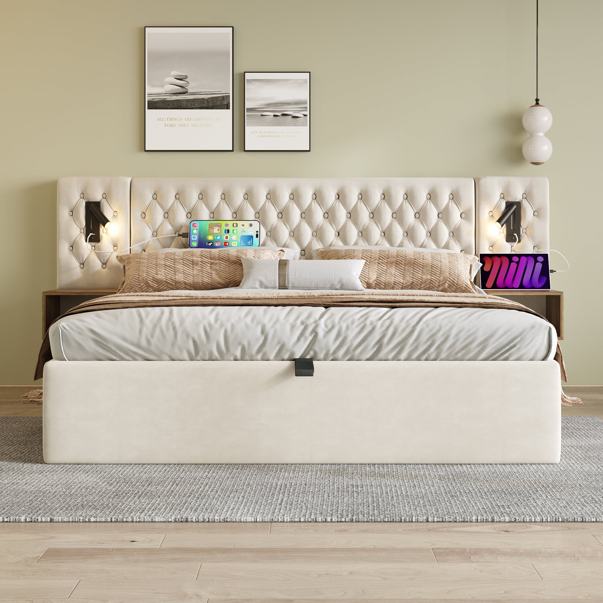 Hydraulisch bed 180 x 200 cm, met nachtkastje, leeslampje, USB-oplaadfunctie, beige