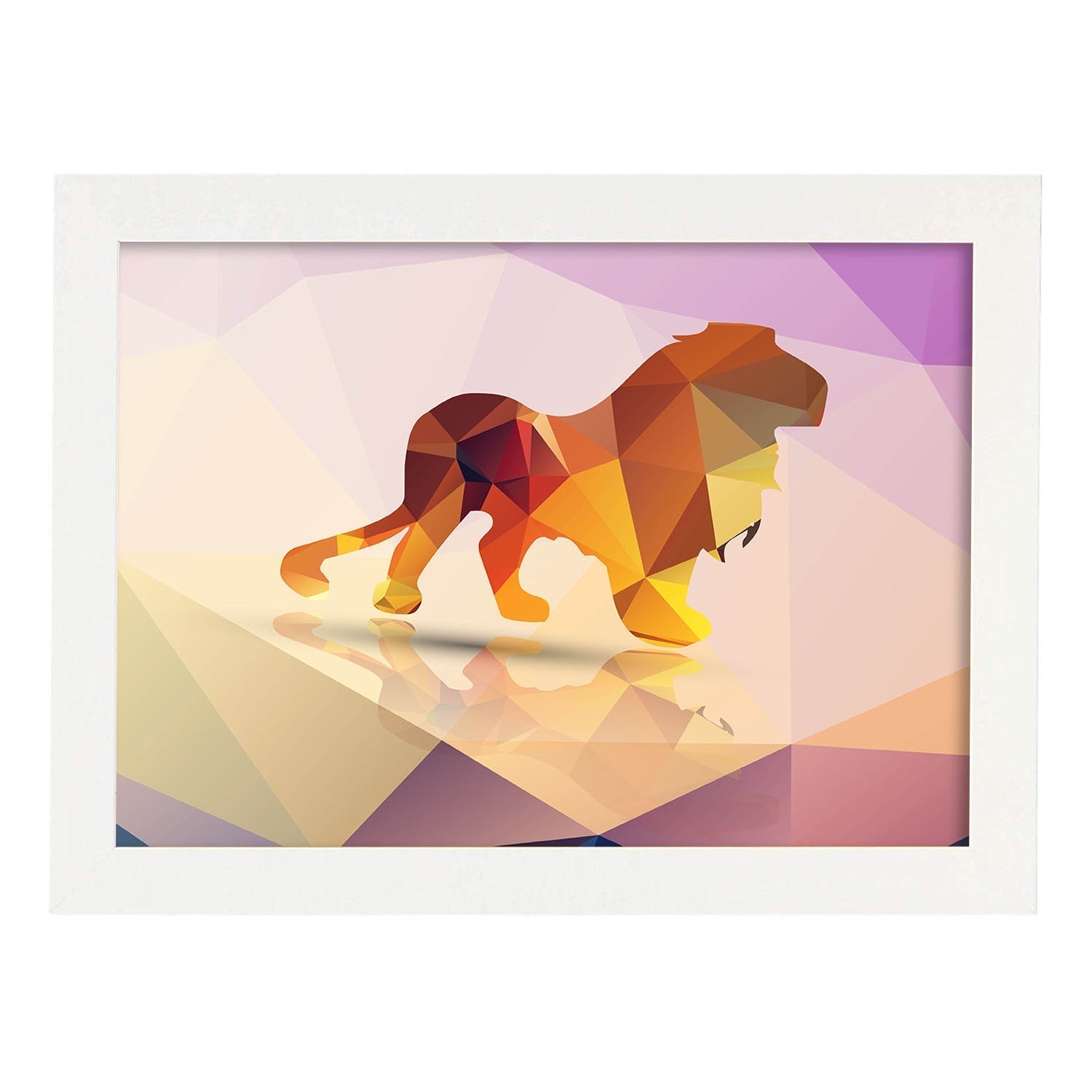 Poster de animales geometricos con fondos a color. lamina leon, ilustrada con formas geometricas, y con un colorido fondo. marco blanco - a3