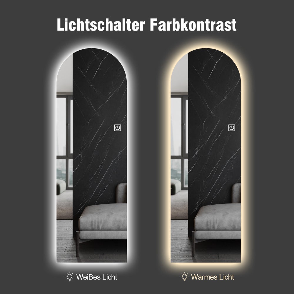 Specchio LED a figura intera ad arco 165×50 cm, specchio da terra o parete senza cornice, vetro argentato 5 mm infrangibile, luce regolabile 3 colori - 5