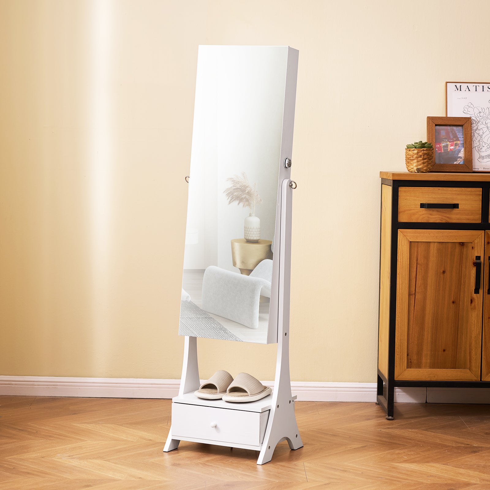 Armoire à Bijoux VEVOR avec Miroir Pleine Longueur, Organisateur sur Pied, Verrouillable, Intérieur LED, Velours, Tiroirs, Blanc - 8