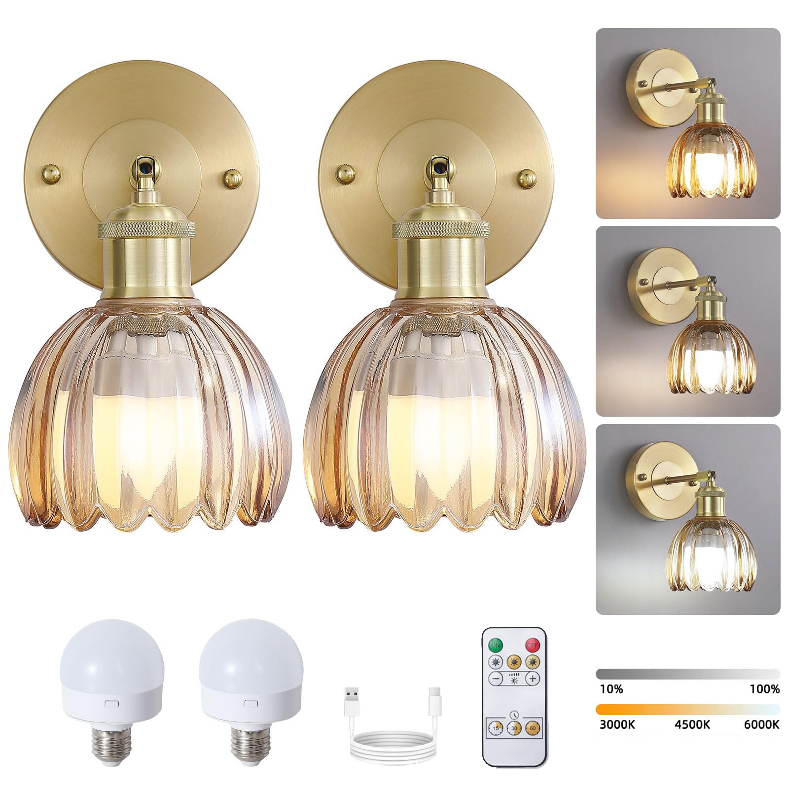 Paquete de 2 luces led de pared recargables con control remoto, lámpara de noche inalámbrica, regulable, 3 temperaturas de color, con bombilla