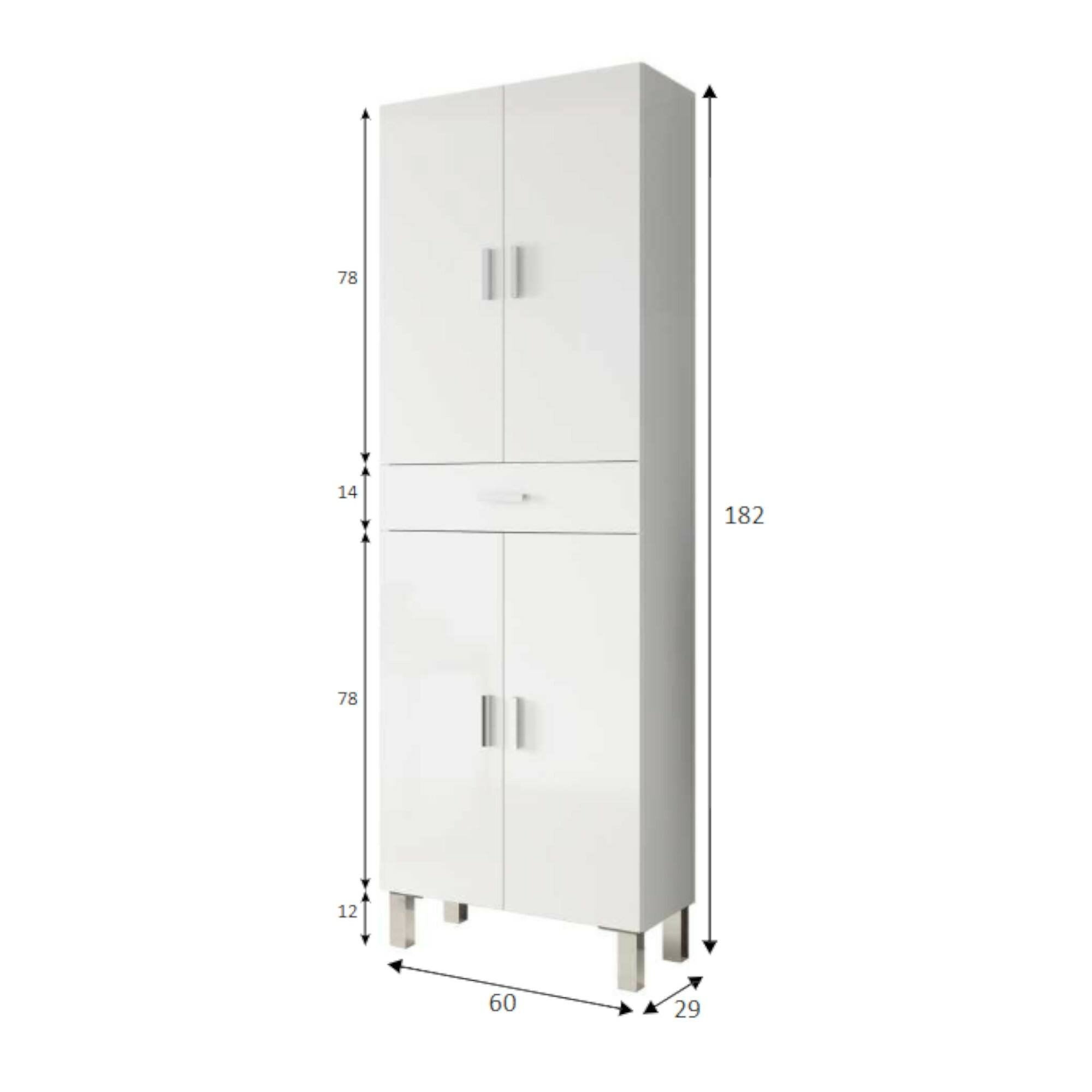 Meuble de salle de bain avec quatre portes et un tiroir, couleur blanc brillant, Dimensions 60 x 182 x 29 cm - 3