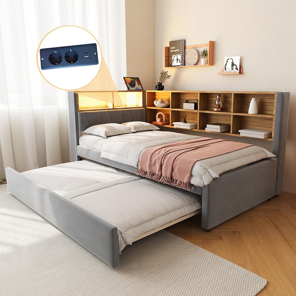 Rozkładana sofa 90 × 200 cm, z oświetleniem LED, gniazdkami elektrycznymi i licznymi schowkami, wykończenie flanelowe, ciemnoszary