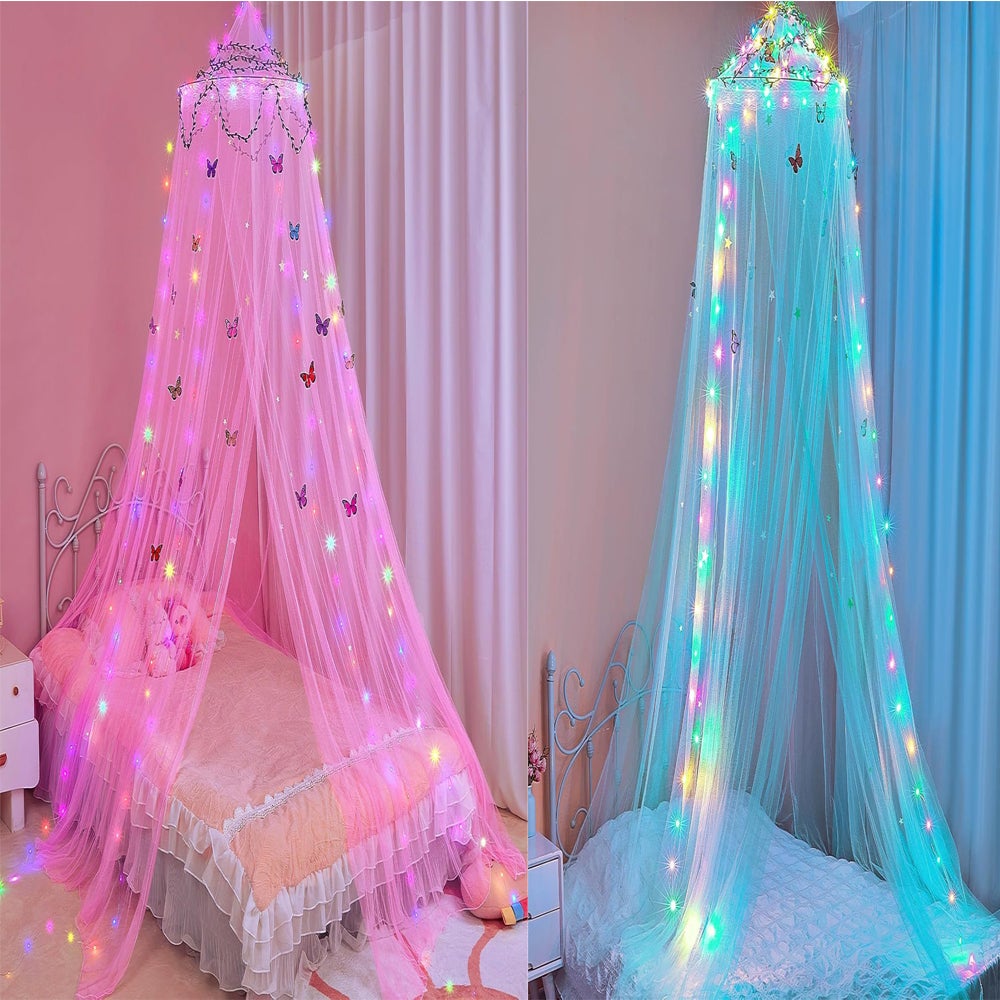 Pack de 2 mosquiteras con luces led, estrellas y mariposas para habitación infantil (azul y rosa)