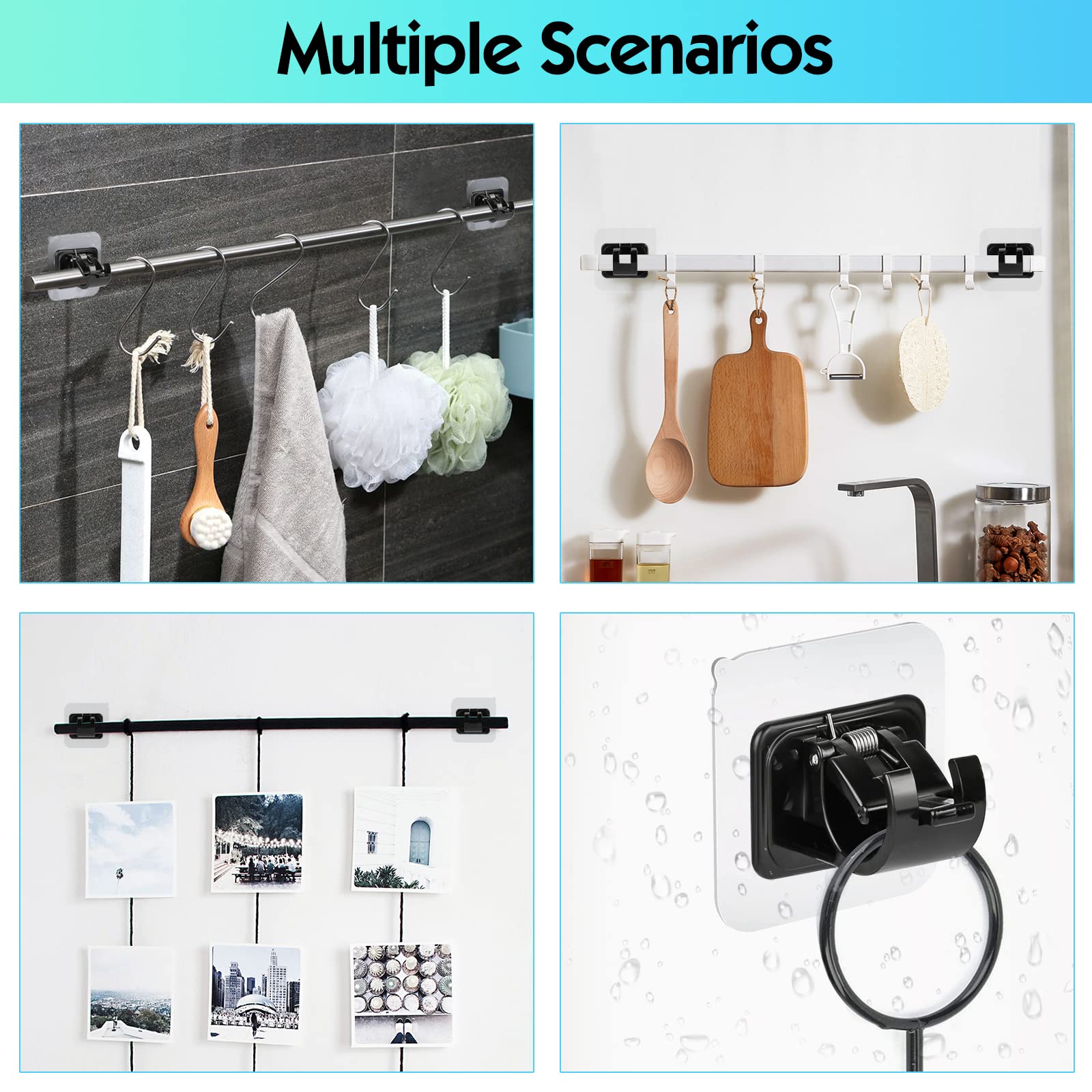 Lot de 12 supports autocollants pour tringle à rideaux, sans perçage, supports pour crochets porte-serviettes, pour salles de bains et cuisines (noir) - 7