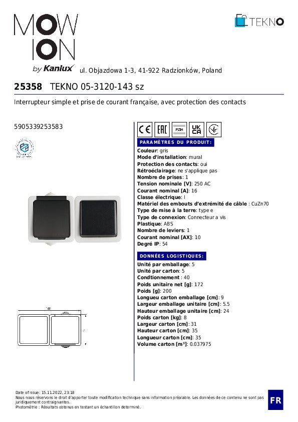 Interrupteur 1 Va-et-Vient + Prise Française - IP54 - Protection Enfant - Gris - 7