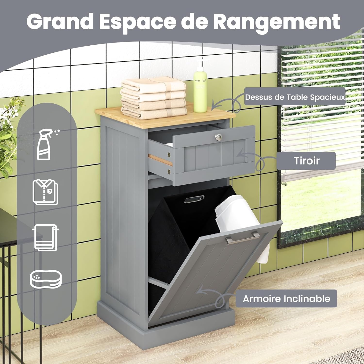 Meuble Salle de Bain avec Panier à Linge, avec Tiroir, Armoire Inclinable & Panier à Linge 38L avec Poignée Portable, 40x37x82 cm (Gris) - 3
