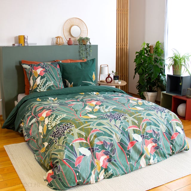Parure de lit 260x240cm en coton GIGAJUNG vert motif tropical 3 pièces