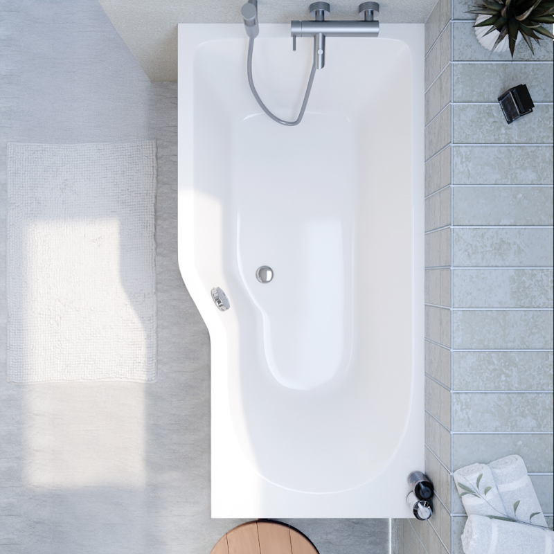 160x80 cm Beata Plus baignoire bain/douche asymétrique en acrylique, gauche + tablier 160 cm + pieds, blanc (BE1600LPLUS-SET1) - 2