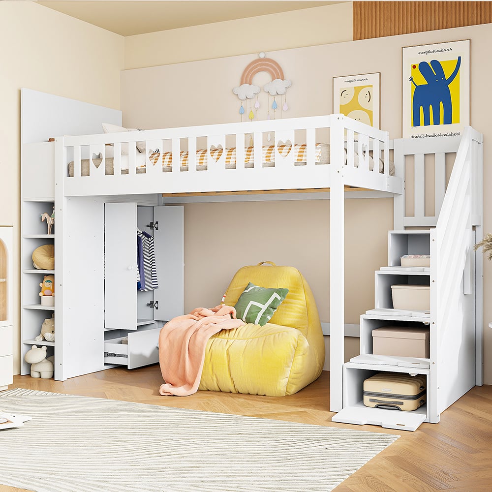 Letto a soppalco, 90*200 cm, scala di contenimento, ripiani