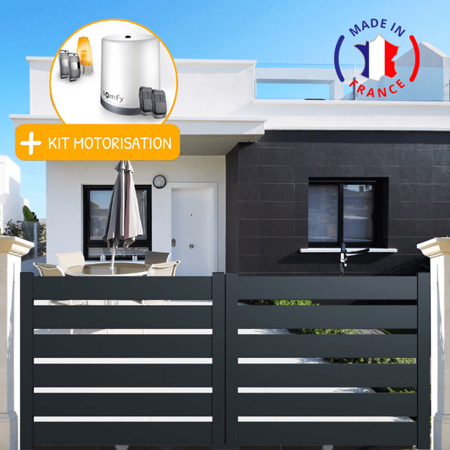 Portail aluminium coulissant SAH en kit + Motorisation dimensions L.4000 (entre piliers) X H.1500 mm Couleurs Gris (RAL 7016)