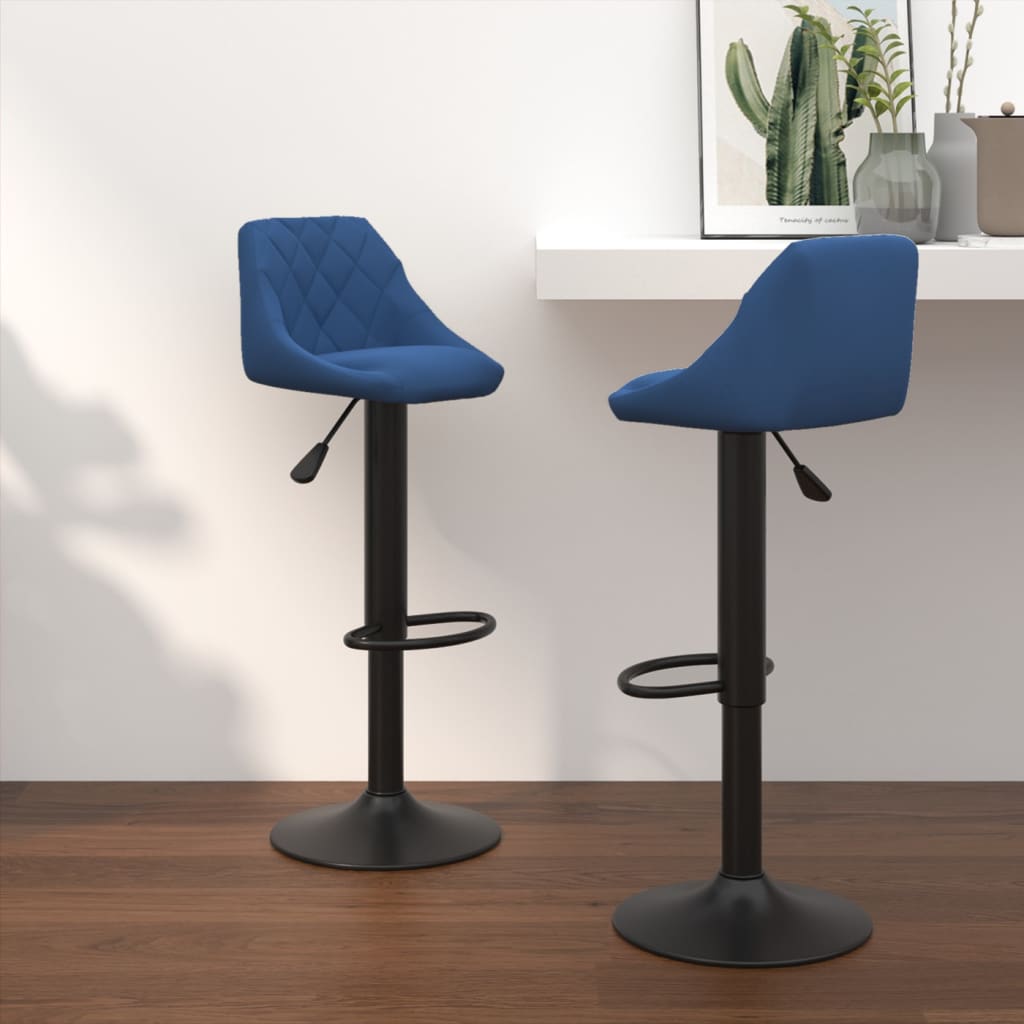 2 Tabourets De Bar En Velours Bleu Avec Jambes En Bois - Dossier Rembourré à Boutons, Repose-pieds, Hauteur Comptoir 63,5 Cm