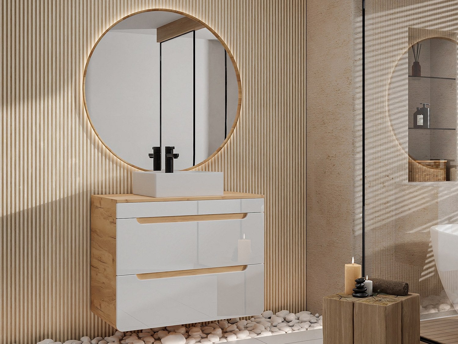 Szafka łazienkowa wisząca z umywalką nablatową - Naturalny i biały - 80 cm - ARUBA