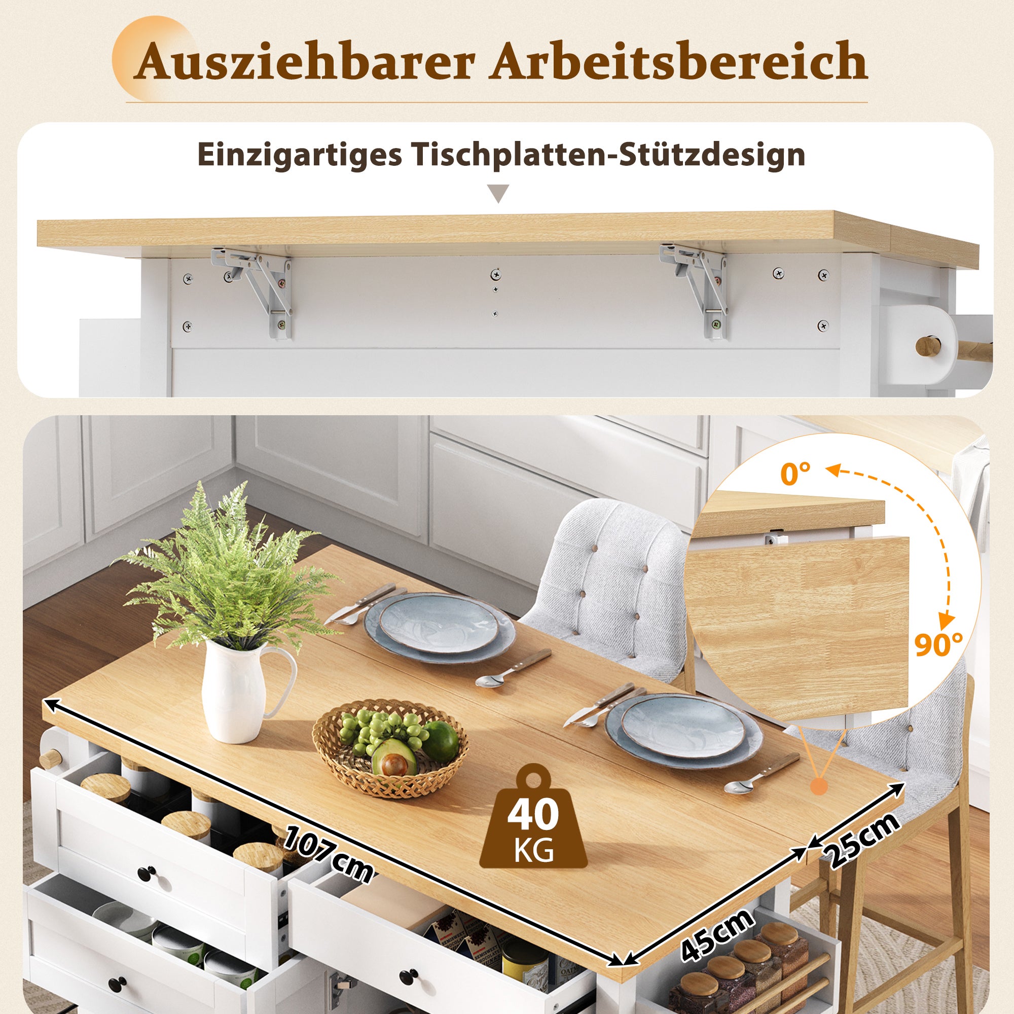 Mobilna wyspa kuchenna z 3 szufladami i 3 drzwiami - 107 x 45/70 x 90 cm - MDF - Rozkładany blat - Biały + naturalny - 6