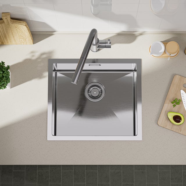 Évier de Cuisine 1 Bac 50x44x19CM, Brossé Évier Inox avec Siphon et Trop Plein Évier Montage à Encastrer/Fleur/ Sous-Plan