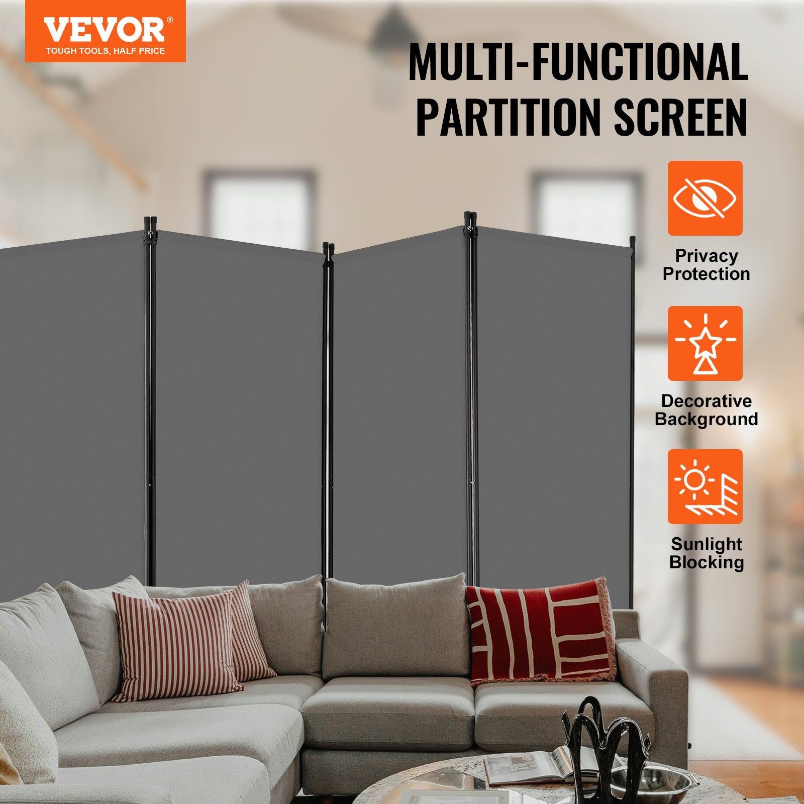 Paravent Multifonctionnel VEVOR 4 Panneaux,Cloison Séparatrice 346,4 x 184 cm,Pliable,Brise-vue Bureau,Chambre,Gris - 2