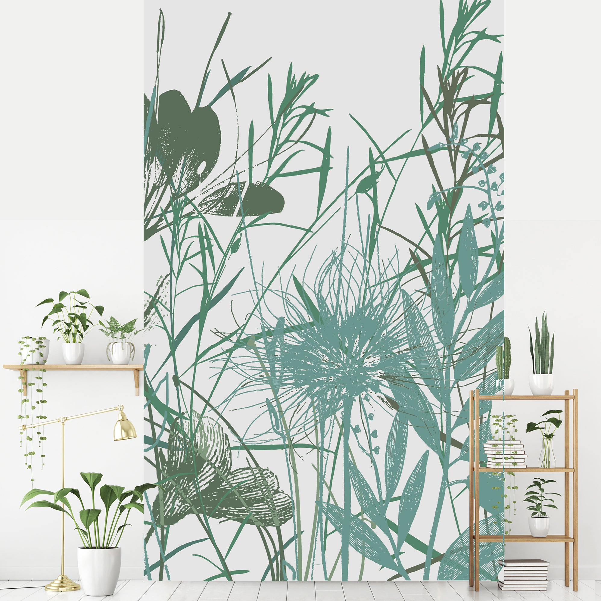 Papelera panorámica asegurada, ilustración de país, en una mezcla de vegetación y flor, color verde dominante, 250 cm x 150 cm
