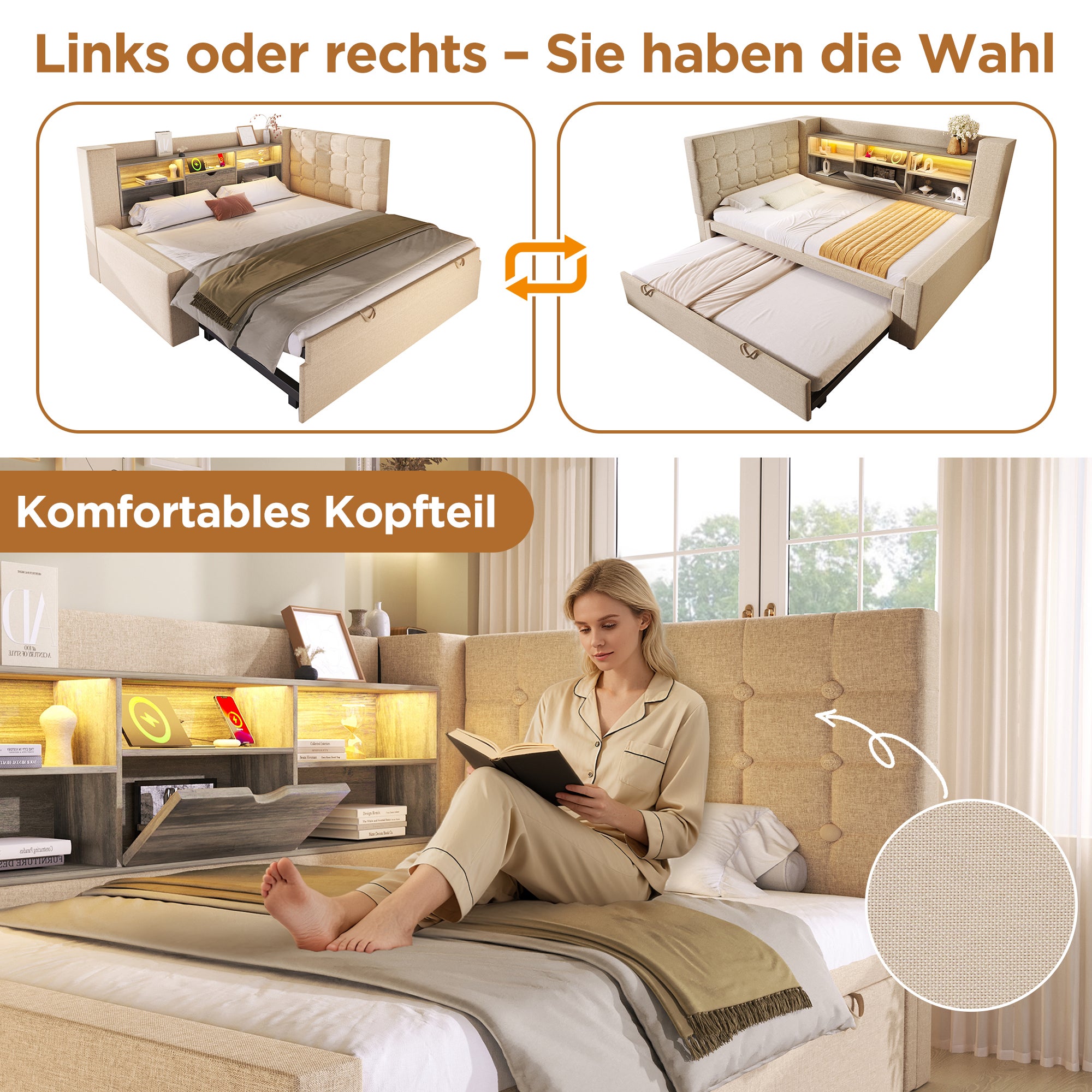 Łóżko wysuwane 90 x 200 cm + 90 x 190 cm z zagłówkiem w kształcie litery L i schowkami - LED - Tkanina lniana - Beż - 4