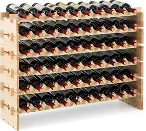 Scaffale per vino in legno massello con piano del tavolo, autoportante, in legno, scaffale per vino di alta qualità, espositore e organizzazione per cucina e cantina, 8 ripiani, 72 bottiglie