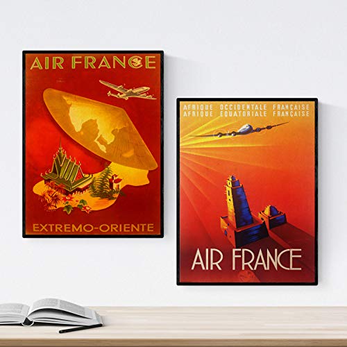 Plakaty w stylu vintage. Plakaty reklamowe świata. Dwa nadruki Air France w stylu vintage. Bezramowy - A3