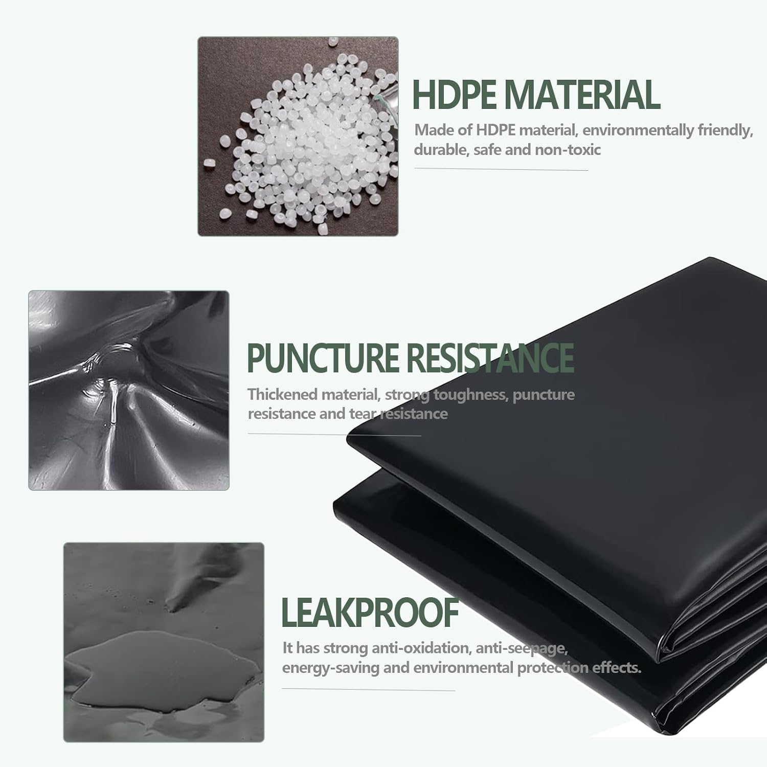 1 pièce de revêtement d'étang en PEHD durable noir (6 m x 7,6 m x 0,5 mm) pour extérieur, adapté à la membrane de piscine pour bassin à poissons, font - 3
