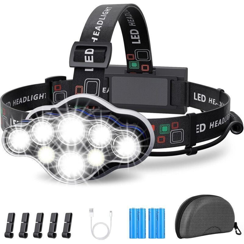 Lanternă frontală de 18000 lm, 8 LED-uri, 8 moduri, USB, înclinare la 90°, impermeabilă, ușoară, pentru pescuit, camping și citit