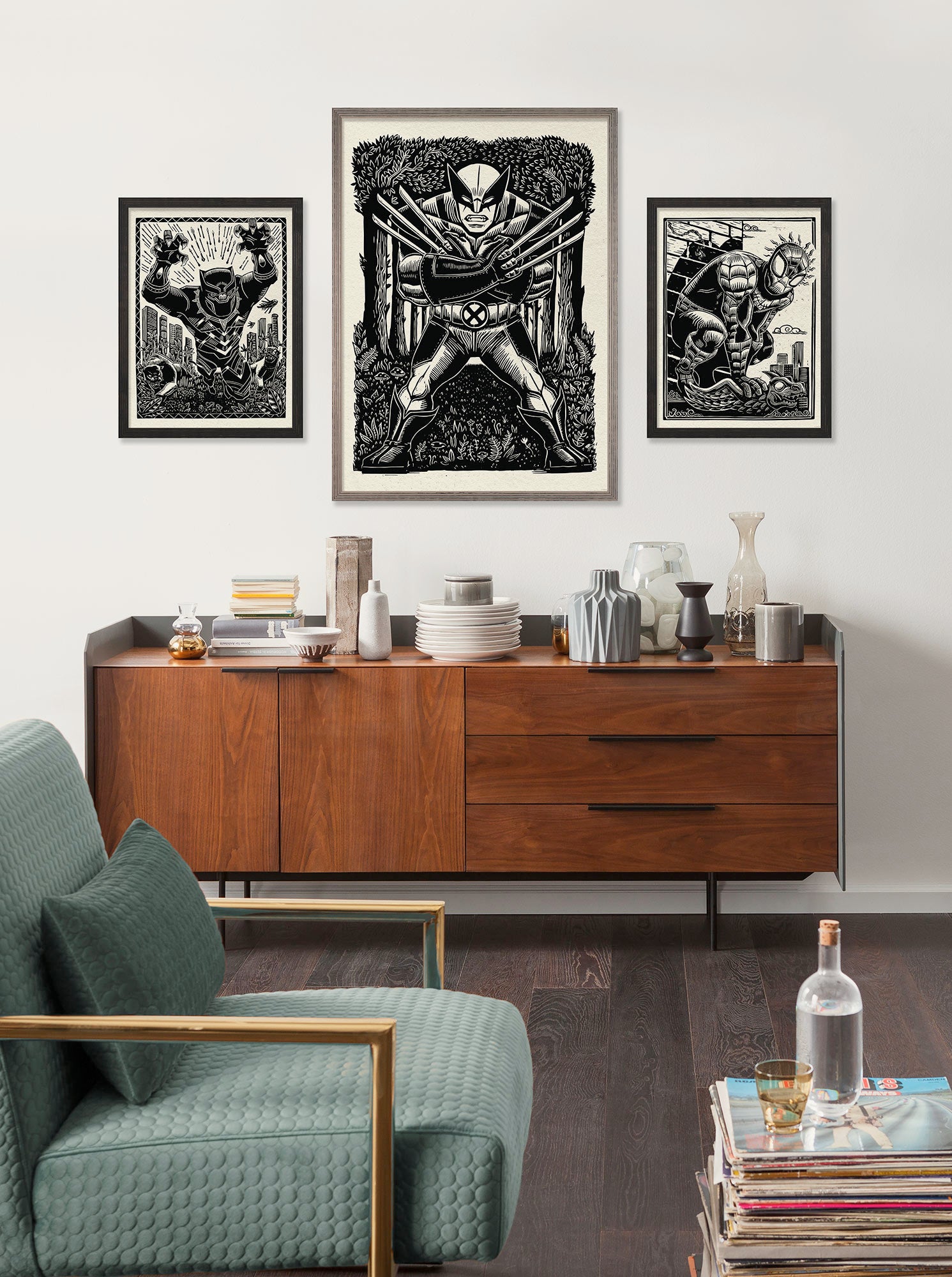 Cartel artístico de komar - marvel black panther lino-cut charge - talla: 40 x 50 cm