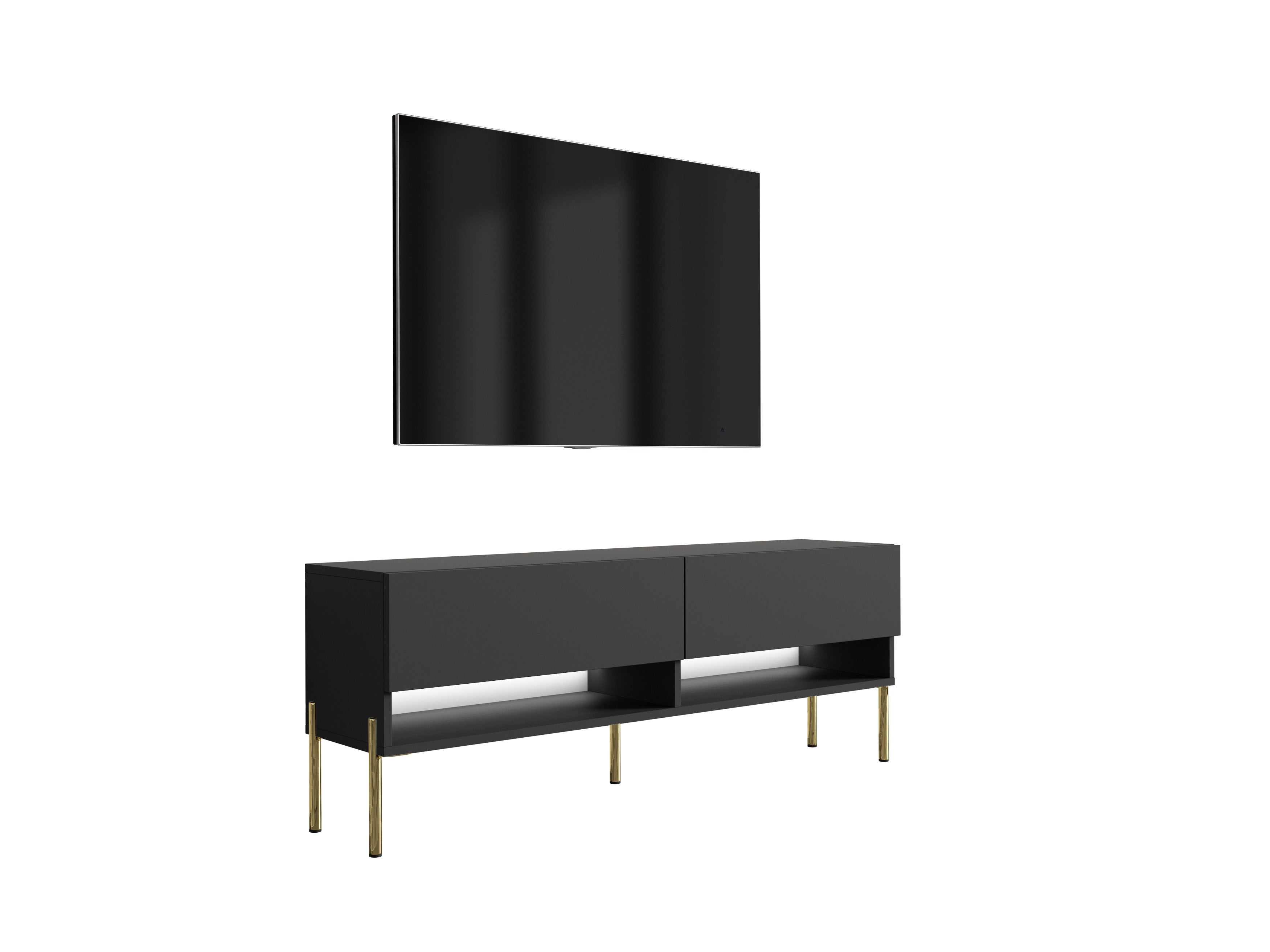 Szafka RTV : 140 cm Czarny Mat, nóżki proste złote, LED biały, 140 × 32 × 52 cm