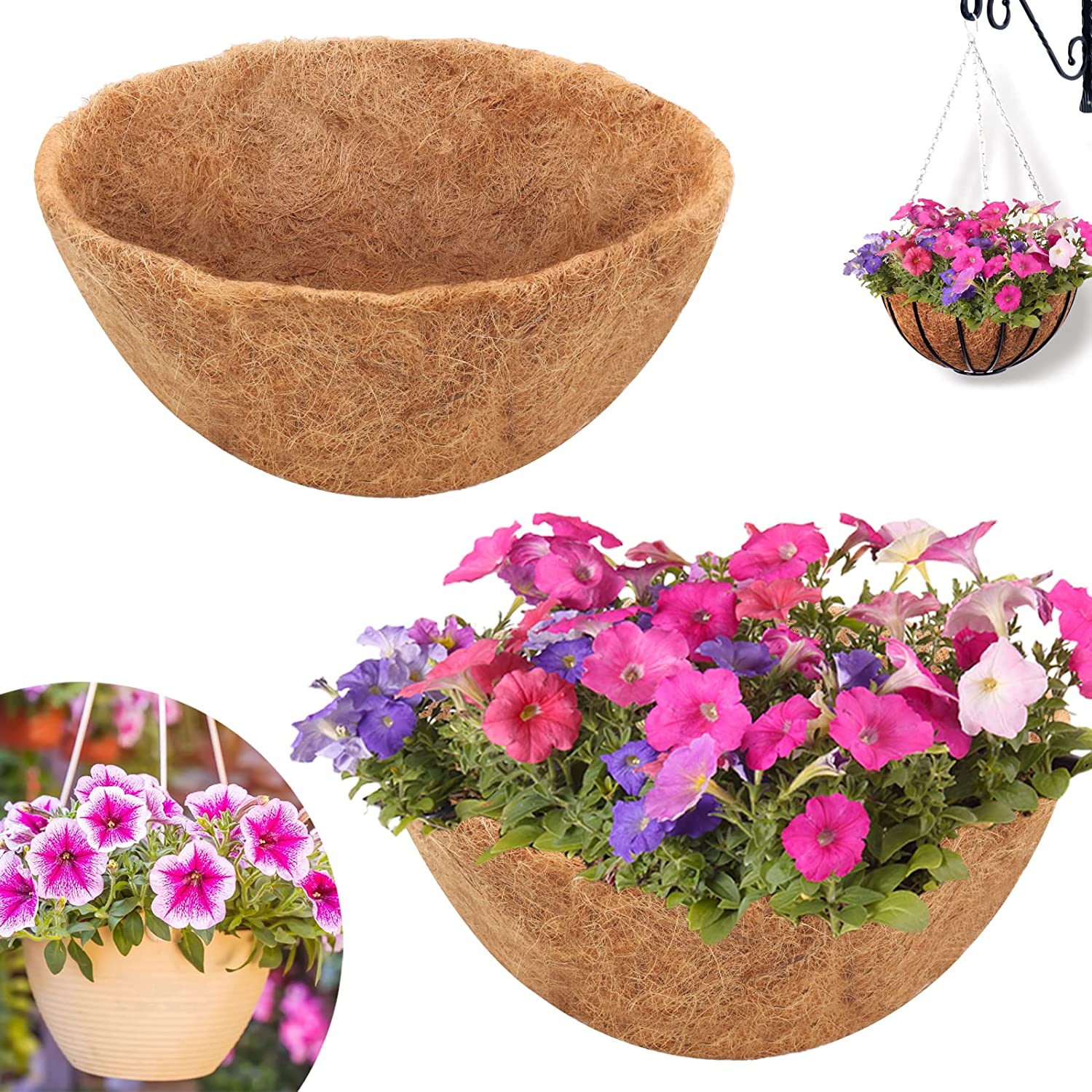 Cesto pensile rotondo in filo metallico con rivestimento in fibra di cocco, decorazione da giardino per vasi di fiori, supporto per piante in metallo