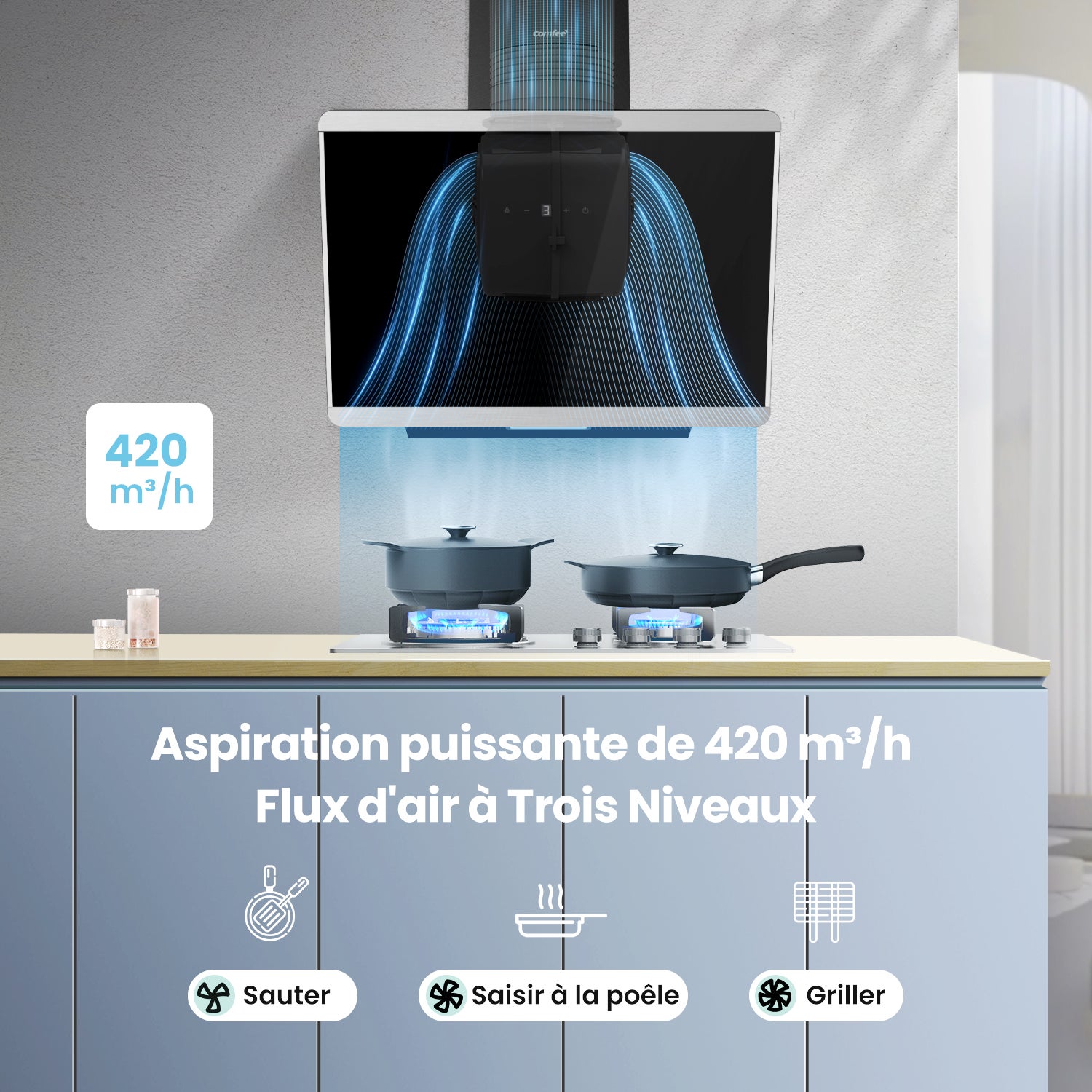 COMFEE Hotte Aspirante Inclinée 60cm 420m³/h Classe A+, Commandes Sensitives, BLDC Moteur, 3 Vitesses, 2 Filtres à Charbon, Verre Noir - 3