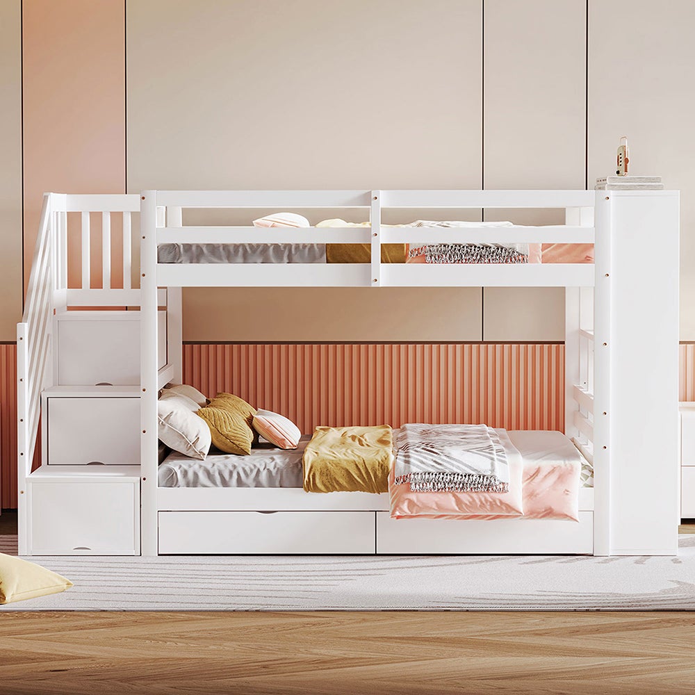 Lit superposé enfant 90x200 cm avec 2 tiroirs - Escalier de rangement - Étagères ouvertes - Barrière haute - Sommier à lattes - Blanc - 2