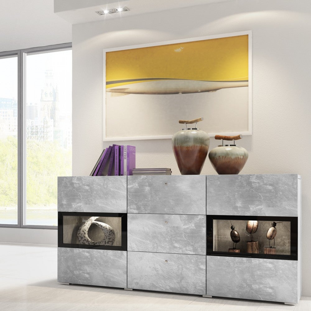 Ensemble Salon Complet RAMOS 7 Pièces - Chêne Et Noir, Avec LED Multicolore Intégrée (meuble TV, Buffet, Vitrines, Table Basse)