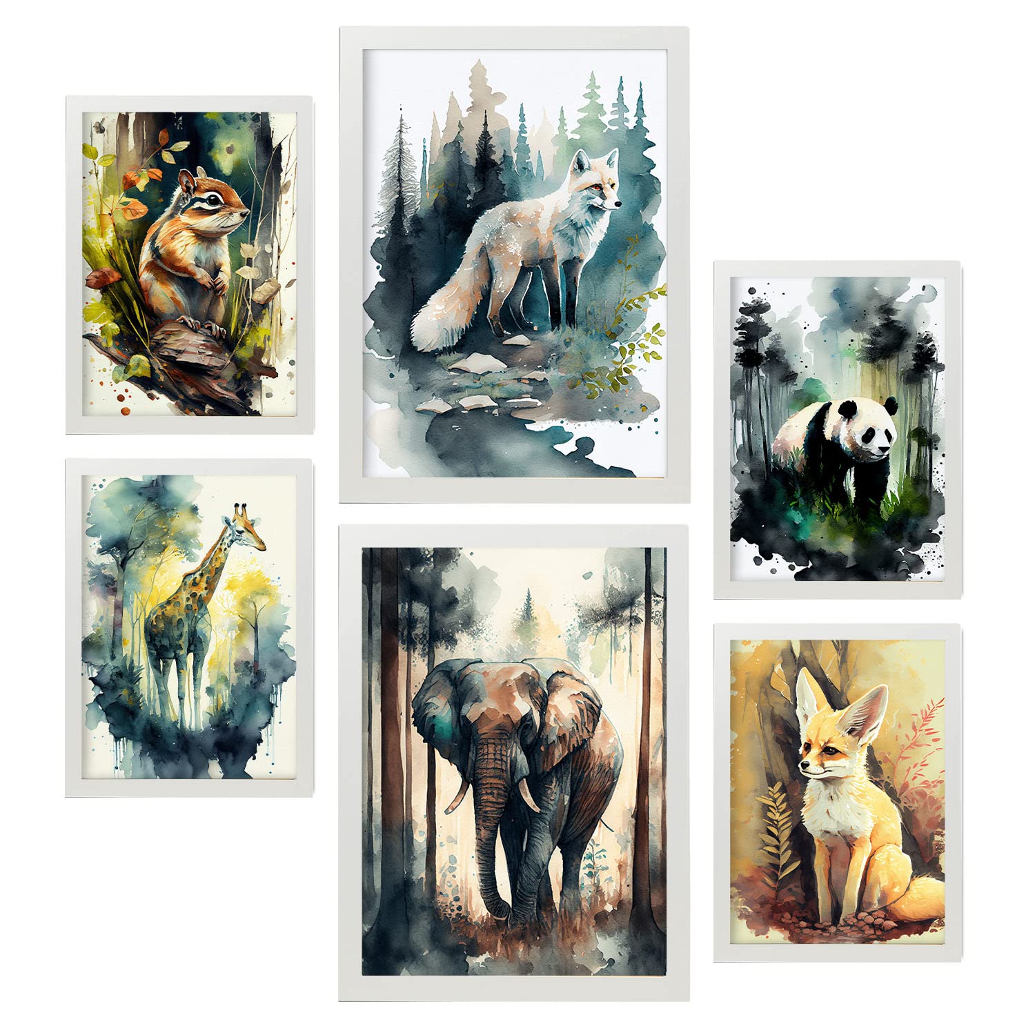 Nacnic posters de bosque y sabana coloridas ilustraciones de animales en paisajes naturales estilo acuarela para la a4 & a3 marcos blancos