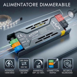 Alimentatore Dimmerabile LED IP67 24V 100W – Per Strisce LED, Con Controllo 0-10V E Dimmer A Tiristori, Alta Efficienza 85%