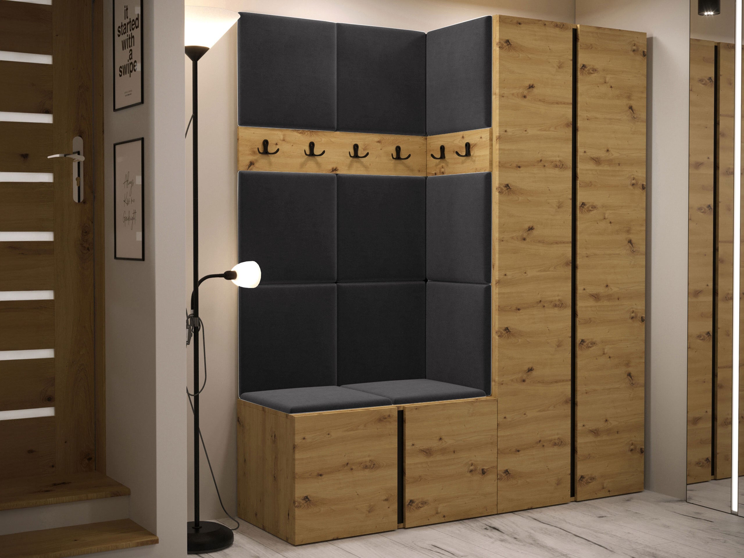 Meuble d'entrée Pinis III, 186x158x46cm, Chêne Artisan, Tissu, Stratifié, Murale, À poser - 2