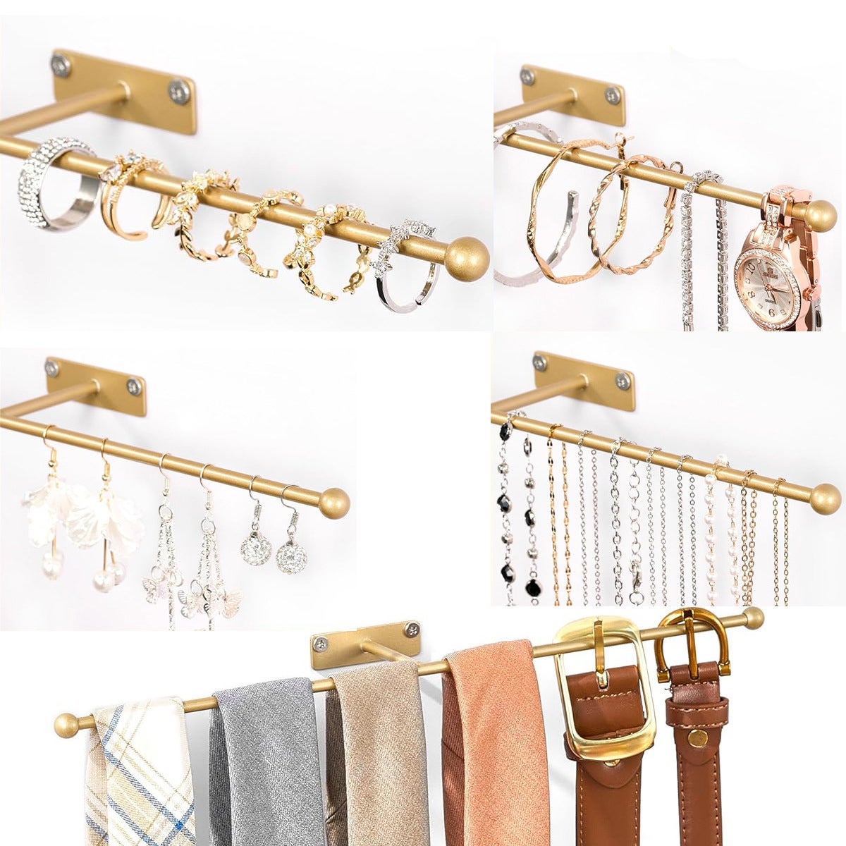 MINICLOSS Organisateur mural pour bijoux, présentoir doré pour lunettes, lot de 2 présentoirs muraux modernes pour salle de bain. - 4