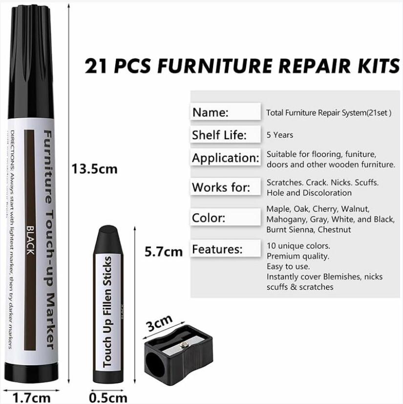 Paquet de 21 stylos de retouche pour meubles, marqueurs en feutre polyvalents, kit de réparation de meubles pour taches, rayures, parquets, tables (av - 2