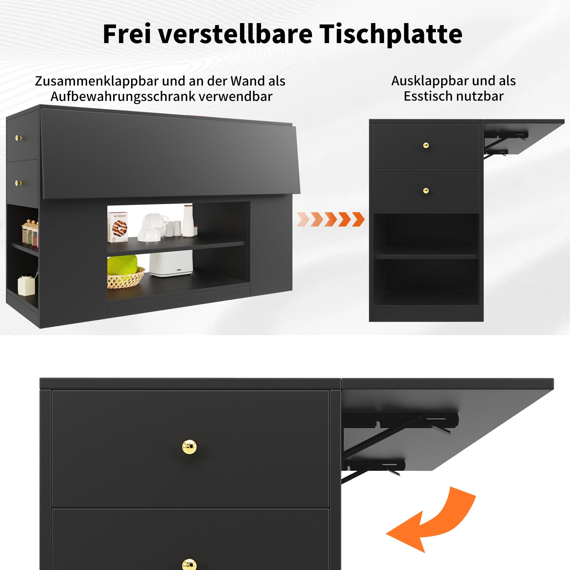 Ilot central de cuisine avec 3 portes, 2 tiroirs et compartiments ouverts - Plateau extensible - 140x40/70x90 cm - MDF - Noir - 8