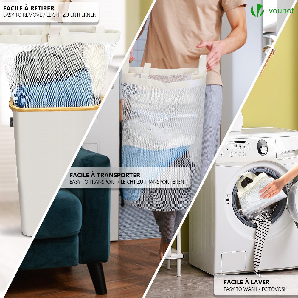 Panier à linge pliable avec roulettes 100L - avec sac amovible et couvercle - cadre en bambou - beige - VOUNOT® - 3