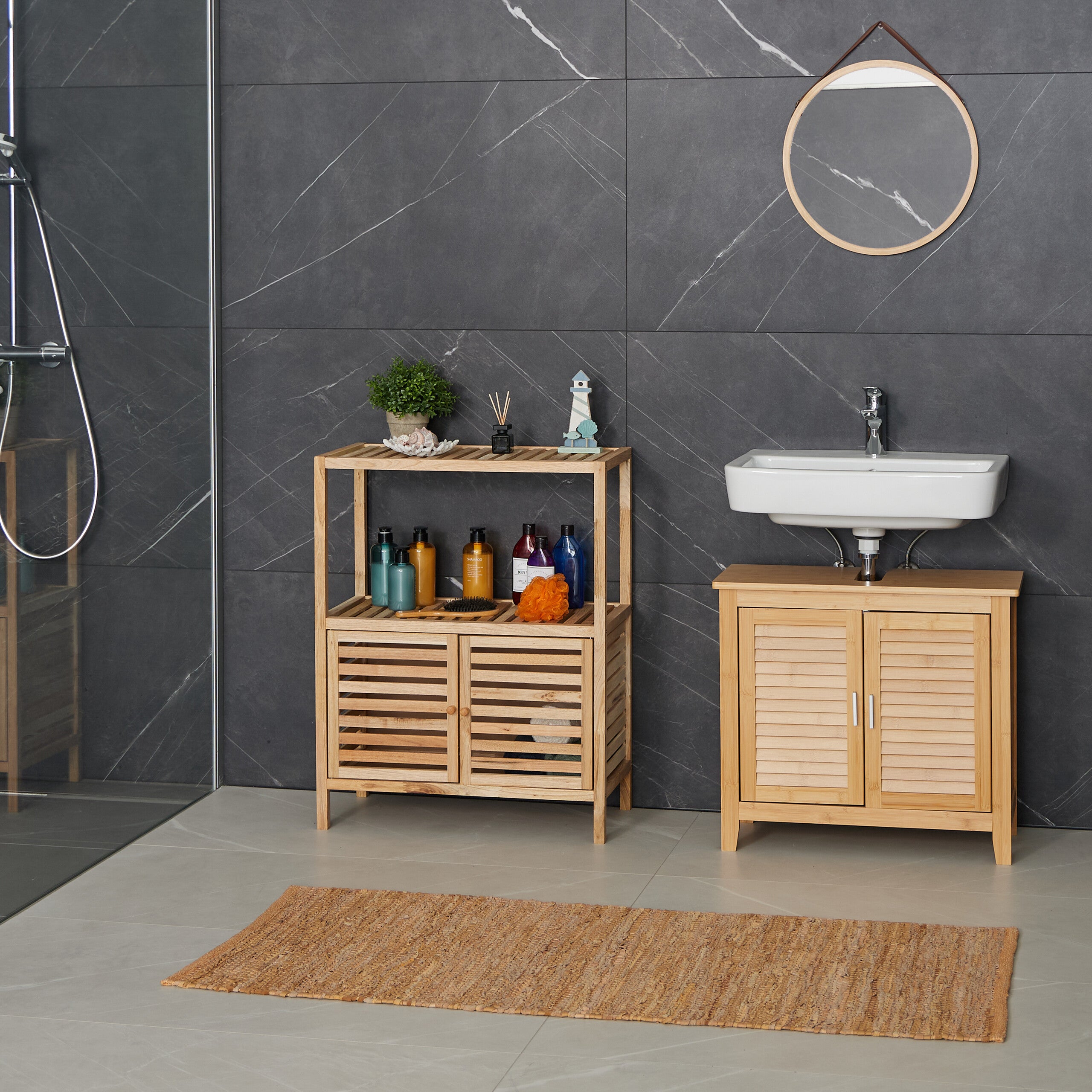 Mobile Salvaspazio per Bagno e Cucina, Scaffale in Legno Noce, 2 Ripiani, Vano con Ante, HLP 86x67,5x35,5 cm, Relaxdays - 2